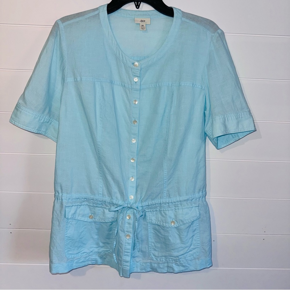 J.Jill Linen Blend Top Blue Button Up Short Sleeve Cinch Waist Size Medium P